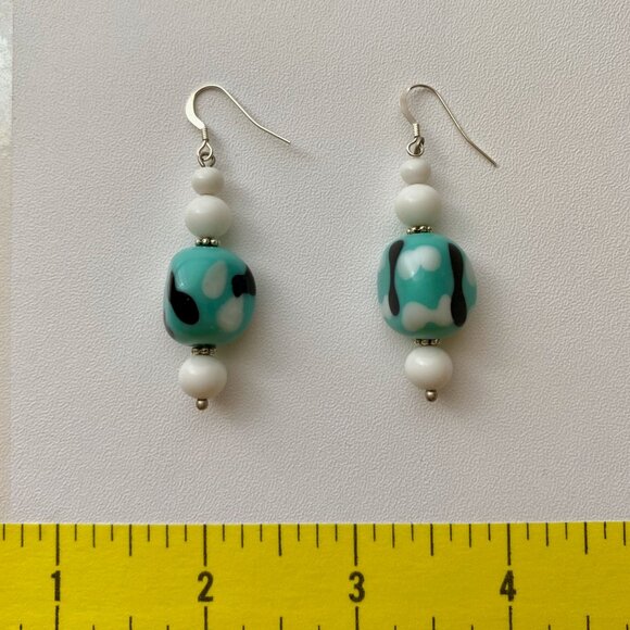 Handcrafted Japanese Turquoise Abstract Glass Bead Earrings - Picture 4 of 4